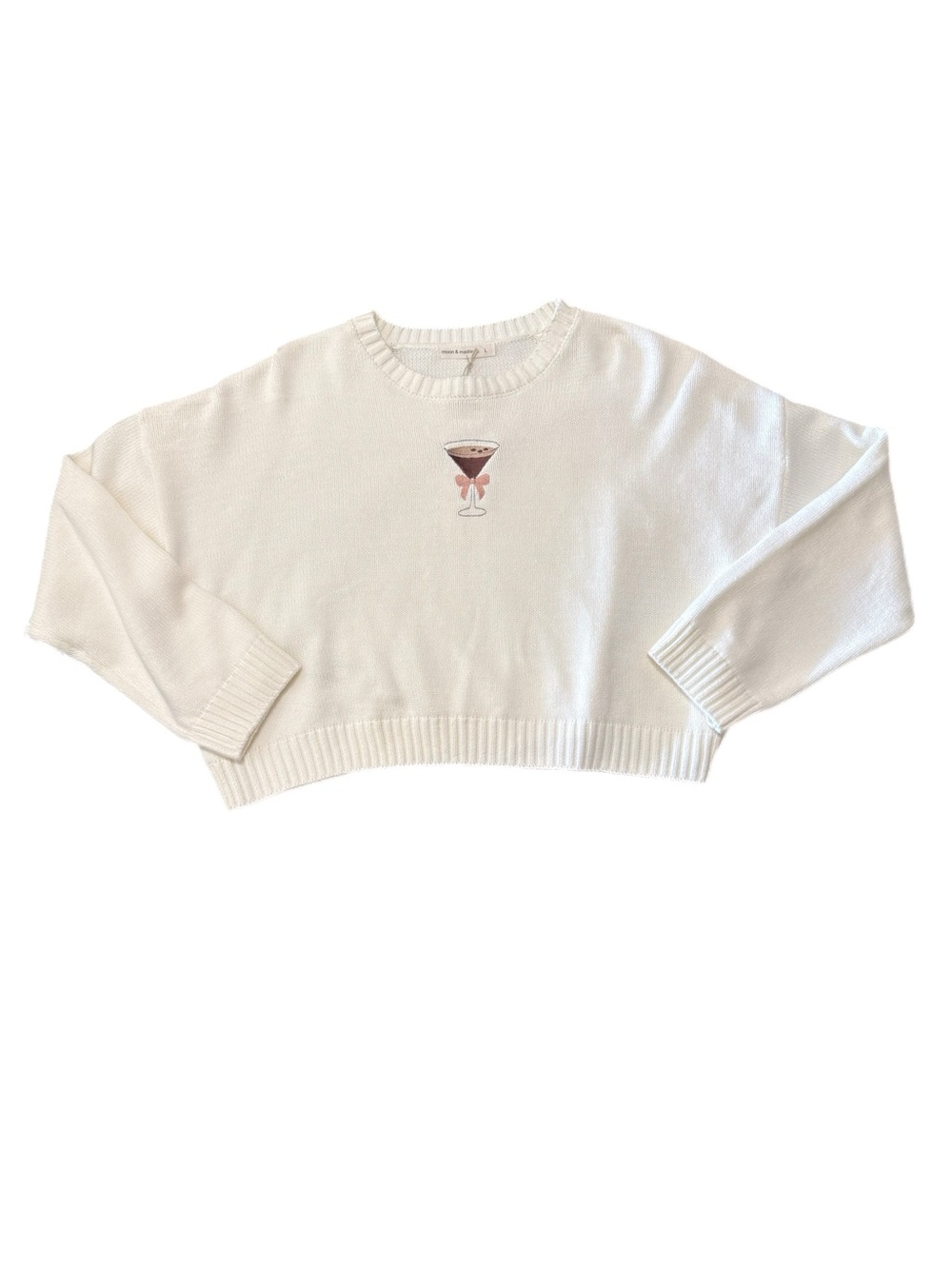 moon & madison Cream Crewneck Sweater with Espresso Martini Embroidery Size L